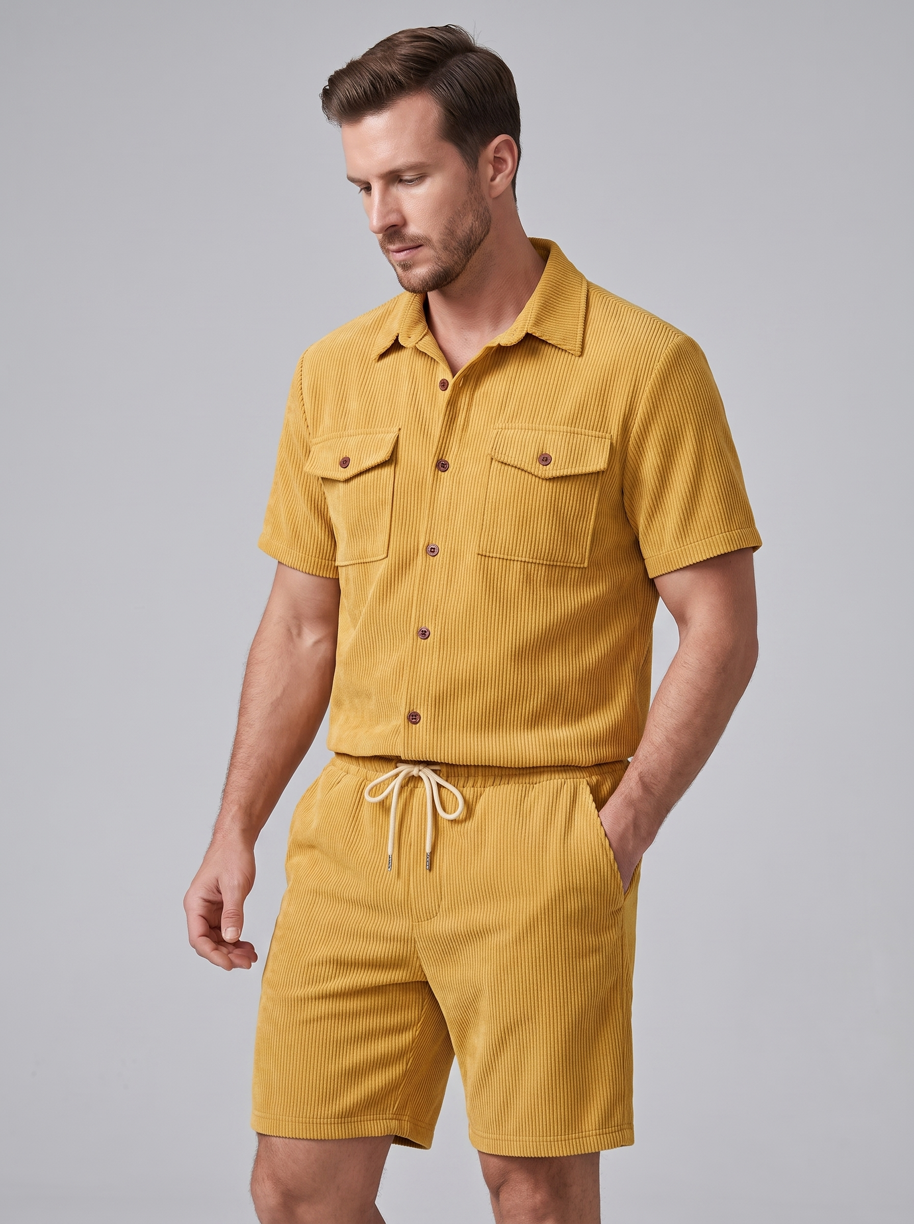 Shirt Shorts Set Heren Ribgebreide Streep Casual