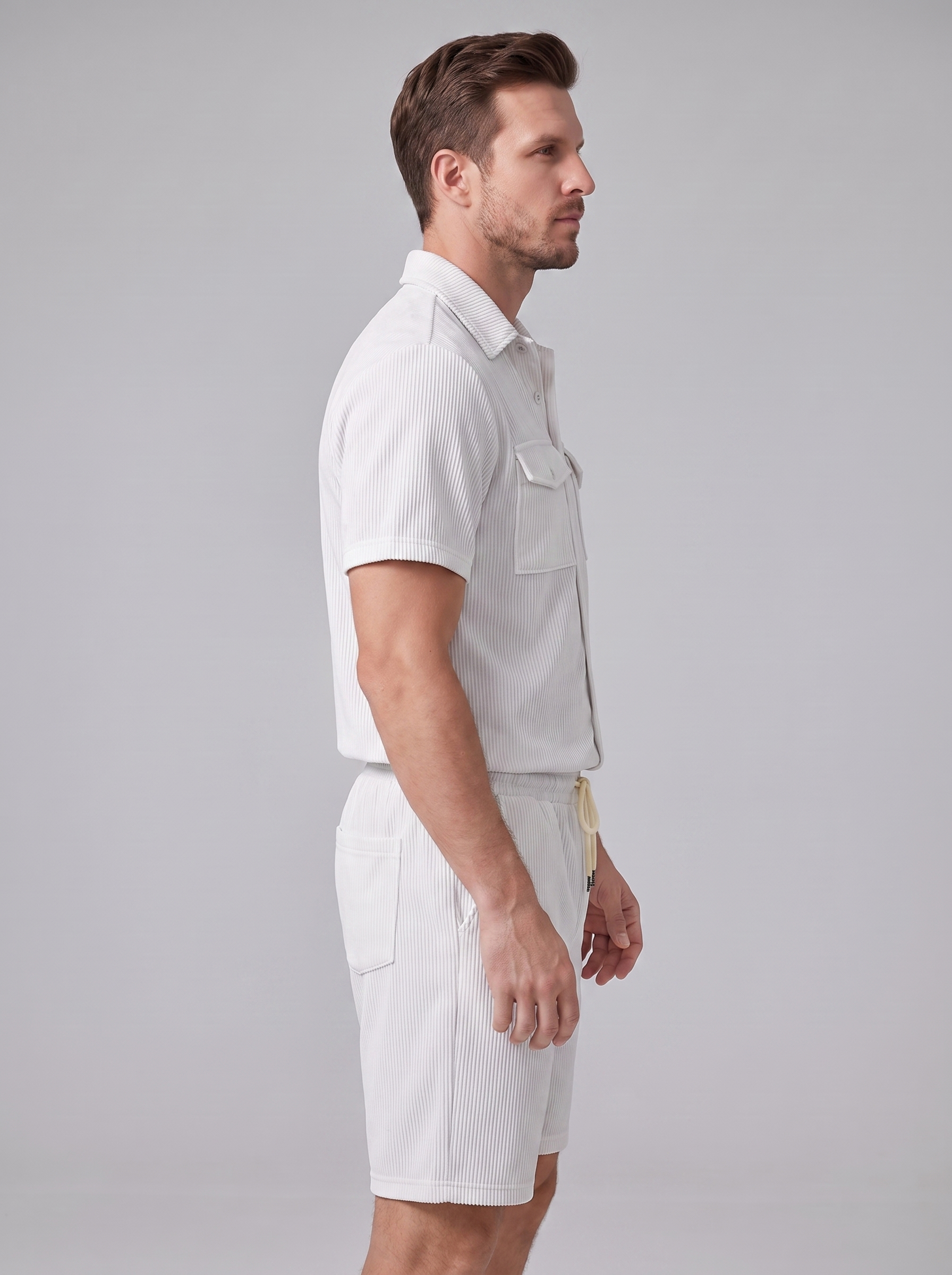 Shirt Shorts Set Heren Ribgebreide Streep Casual
