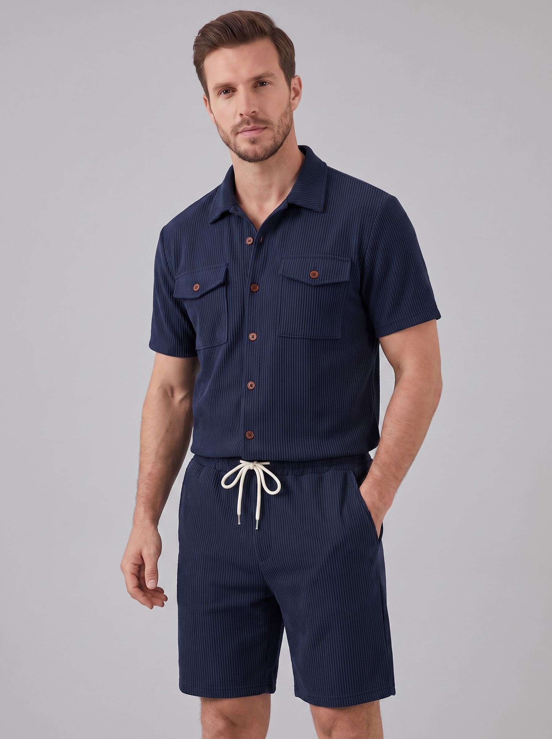 Shirt Shorts Set Heren Ribgebreide Streep Casual