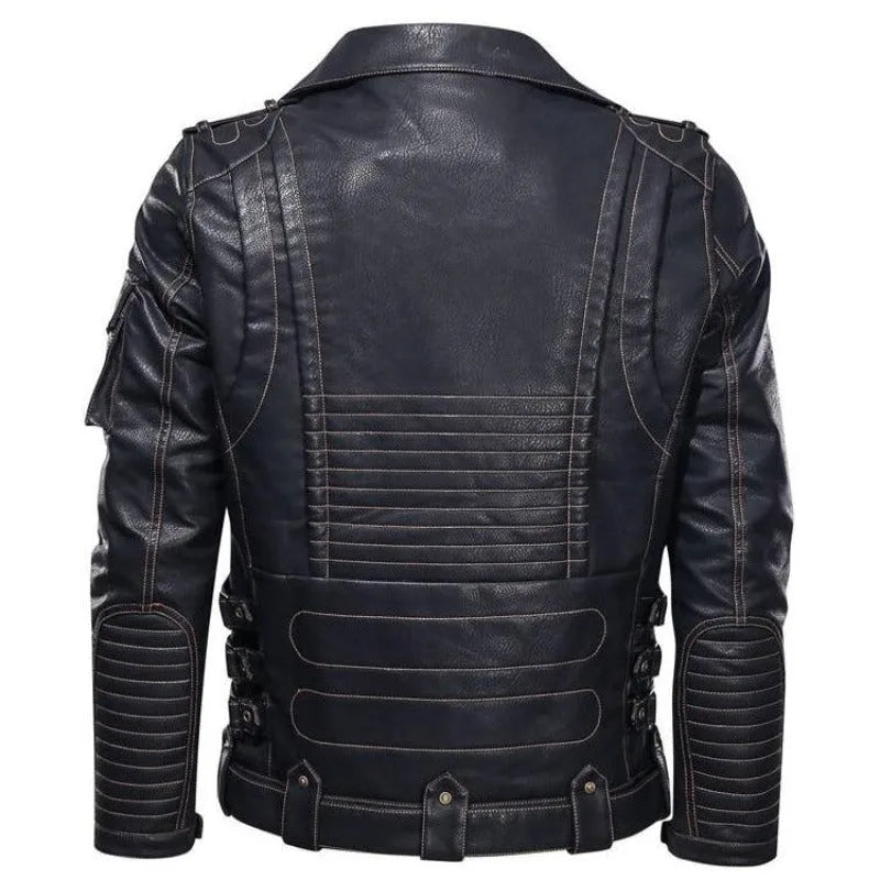 Men's Leather Jacket with Belt, V-Neck and Zip Closure