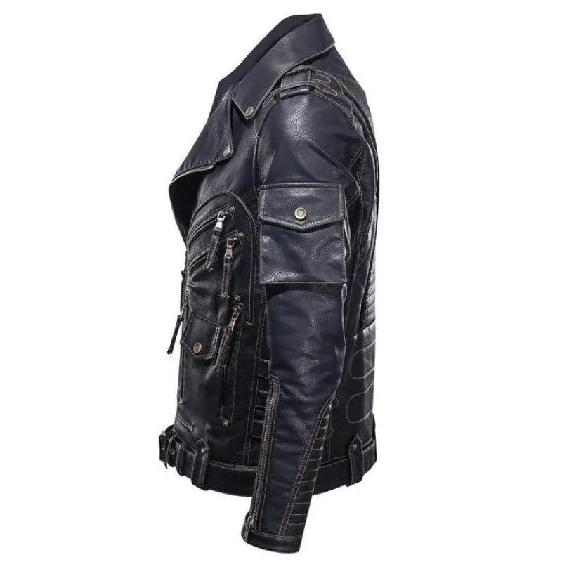 Men's Leather Jacket with Belt, V-Neck and Zip Closure