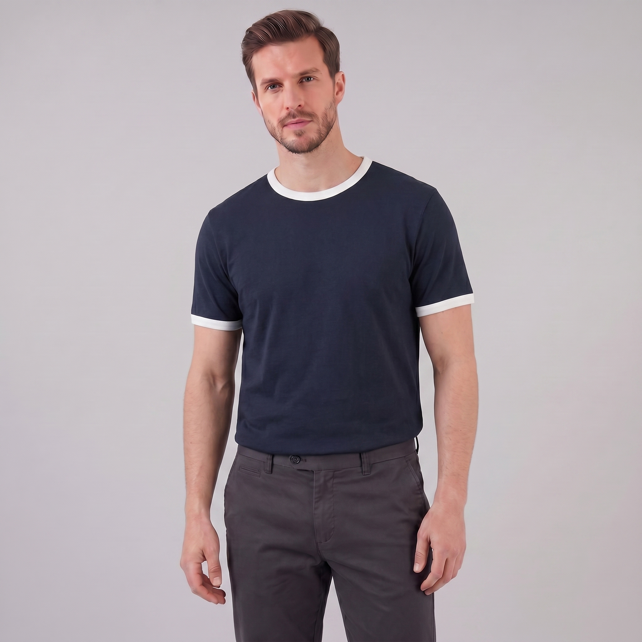 Smart Casual T-Shirt Men's Contrast Trim Crew Neck