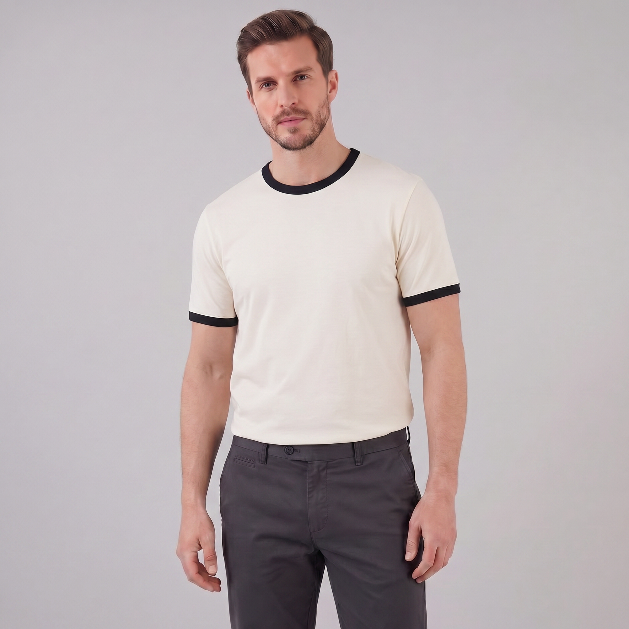 Smart Casual T-Shirt Men's Contrast Trim Crew Neck