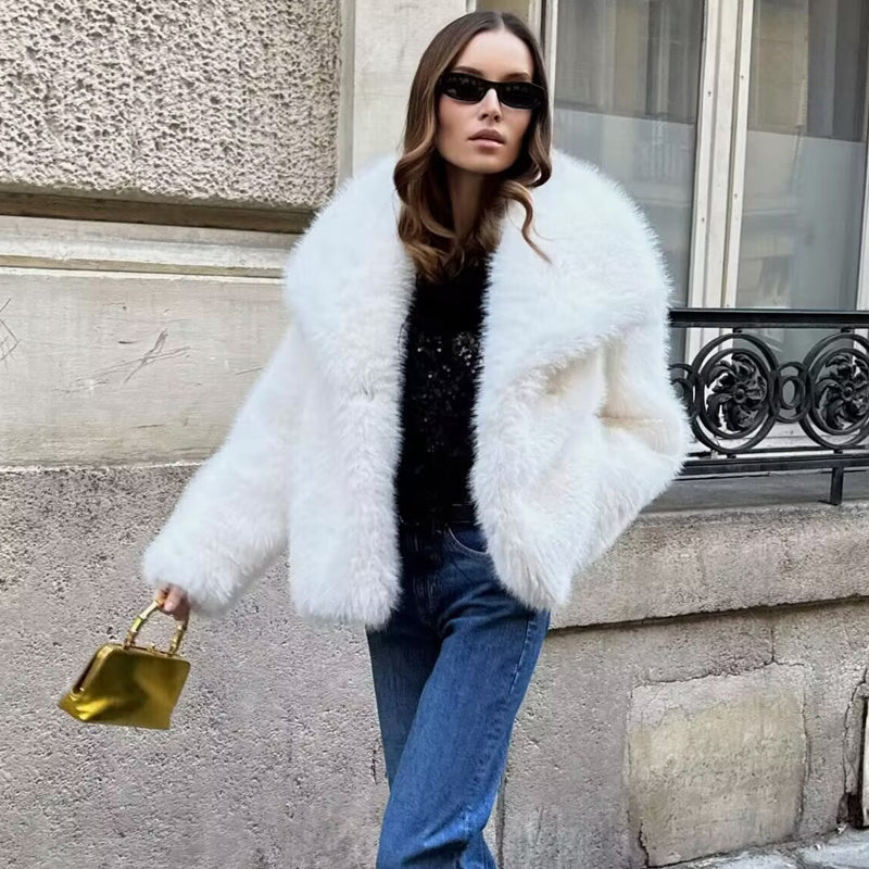 Faux Fur Coat for Women with Notched Collar