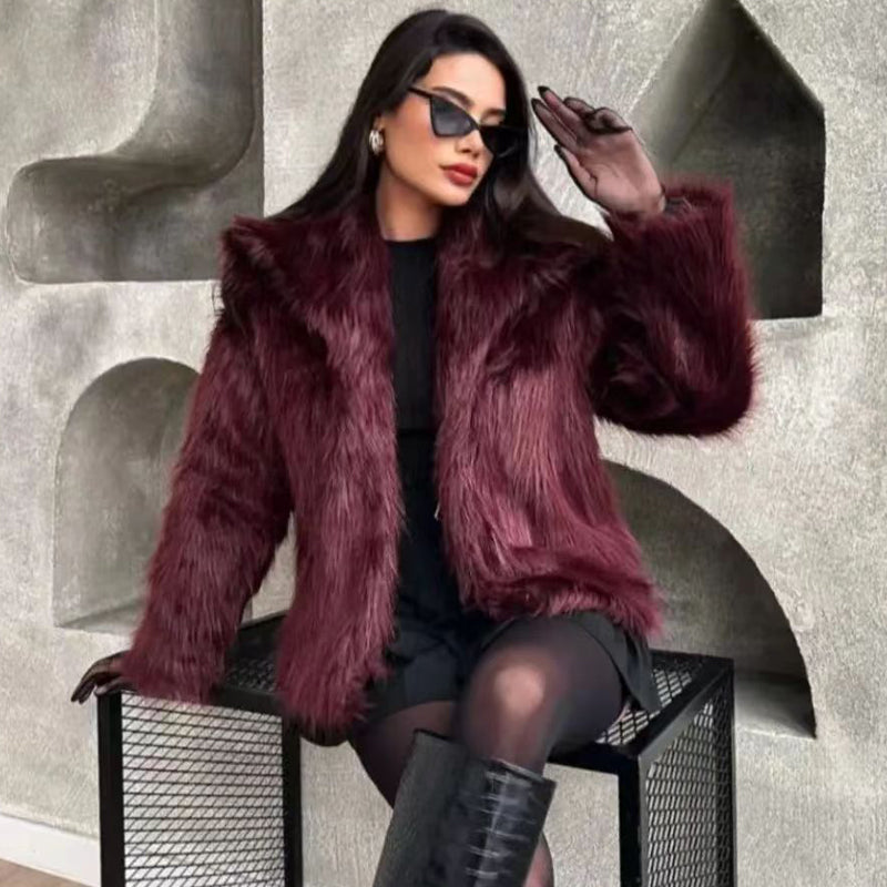 Faux Fur Coat for Women with Notched Collar