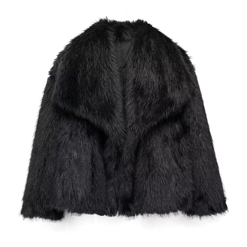 Faux Fur Coat for Women with Notched Collar