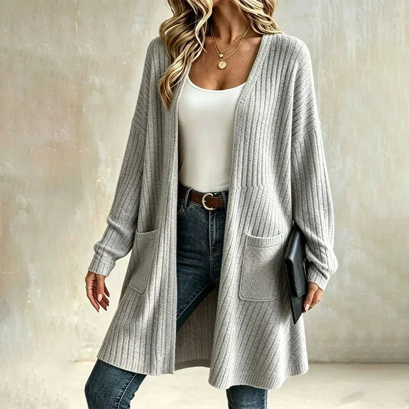 Women's Long Ribbed Cardigan with Pockets