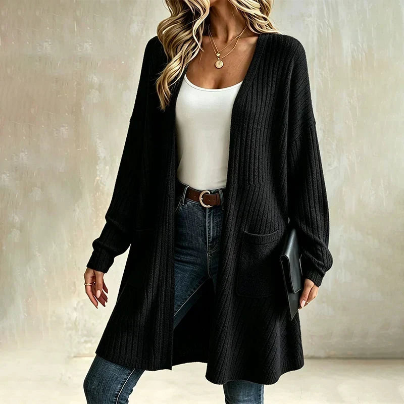 Women's Long Ribbed Cardigan with Pockets