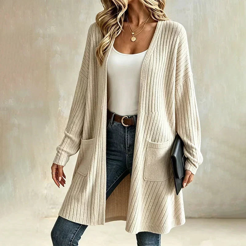 Women's Long Ribbed Cardigan with Pockets