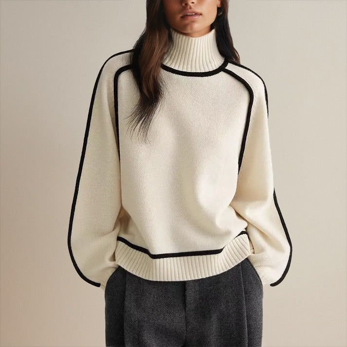 Stylish Ladies' Jumper with Roll Neck and Contrast Details