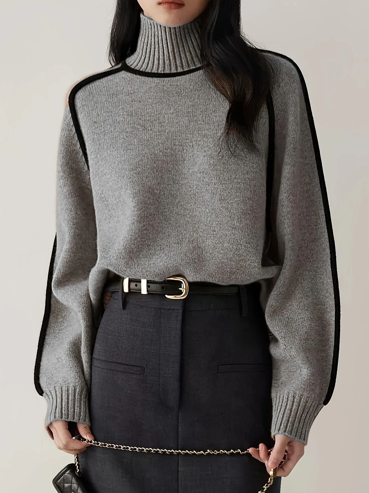 Stylish Ladies' Jumper with Roll Neck and Contrast Details