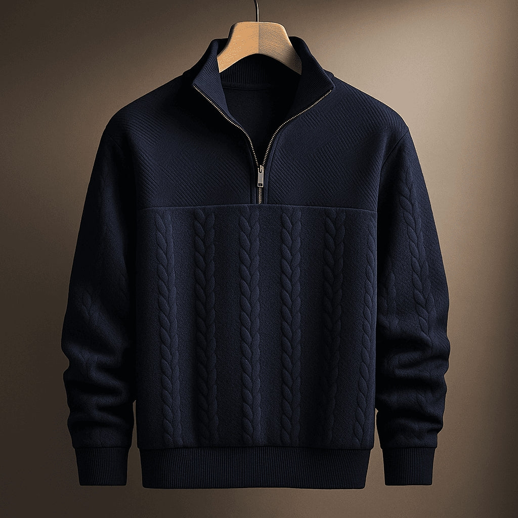 Stylish Cable Knit Jumper with Half-Zip and Stand-Up Collar for Men