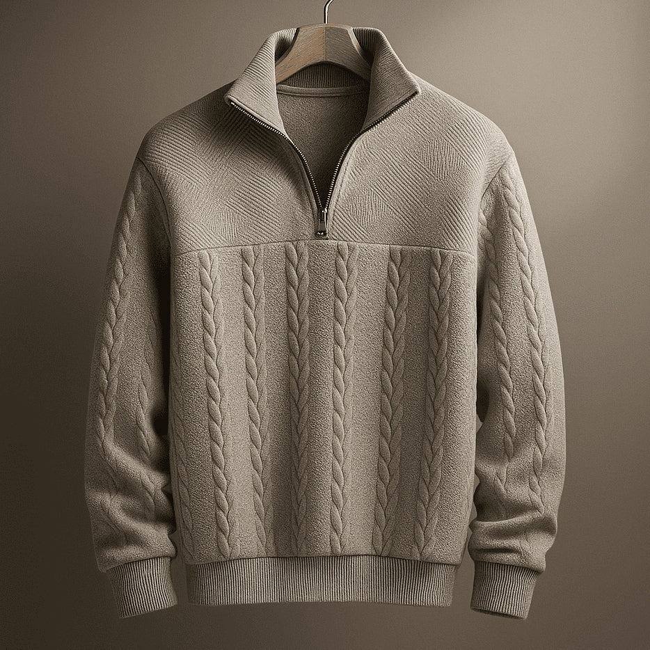 Stylish Cable Knit Jumper with Half-Zip and Stand-Up Collar for Men