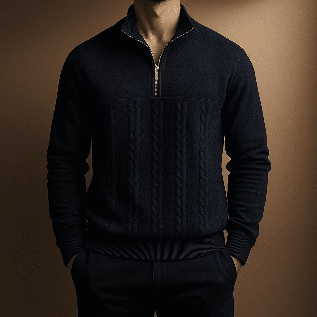 Stylish Cable Knit Jumper with Half-Zip and Stand-Up Collar for Men