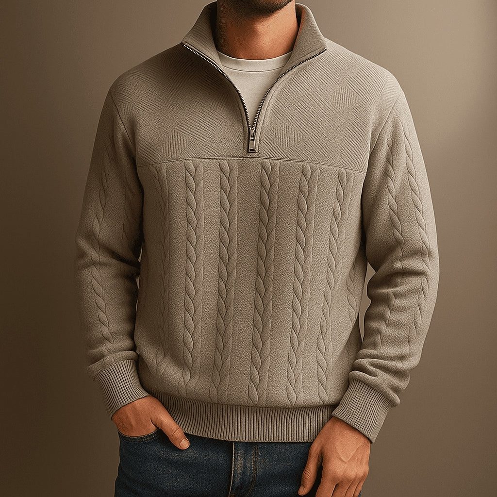 Stylish Cable Knit Jumper with Half-Zip and Stand-Up Collar for Men