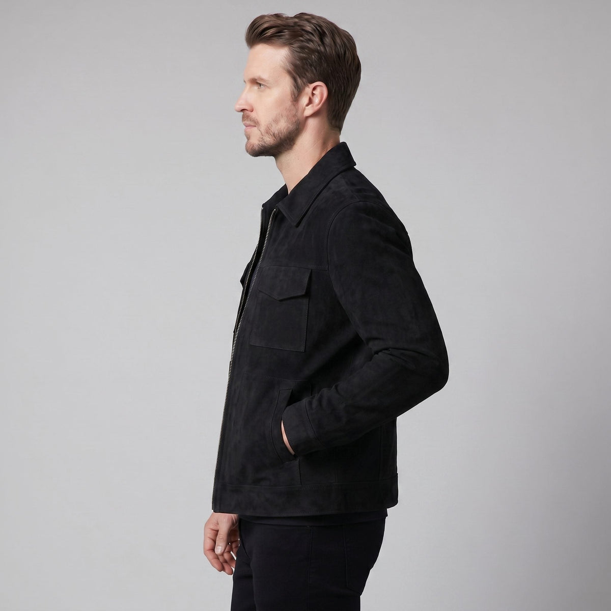 Men's Suede Overshirt with Zip Closure and Stand-Up Collar