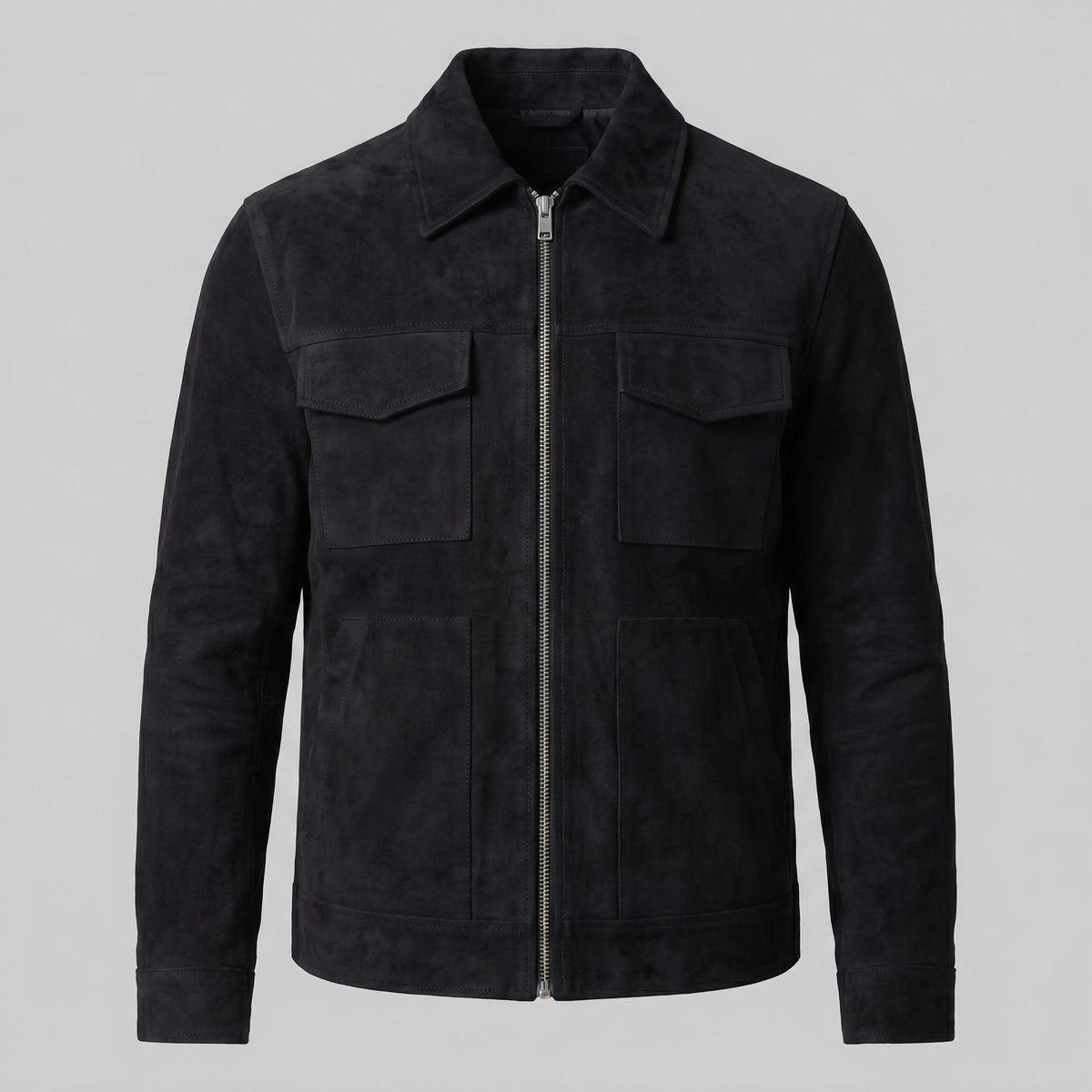 Men's Suede Overshirt with Zip Closure and Stand-Up Collar