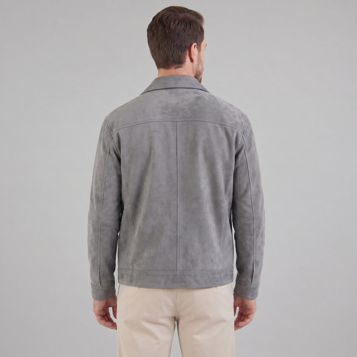 Men's Suede Overshirt with Zip Closure and Stand-Up Collar