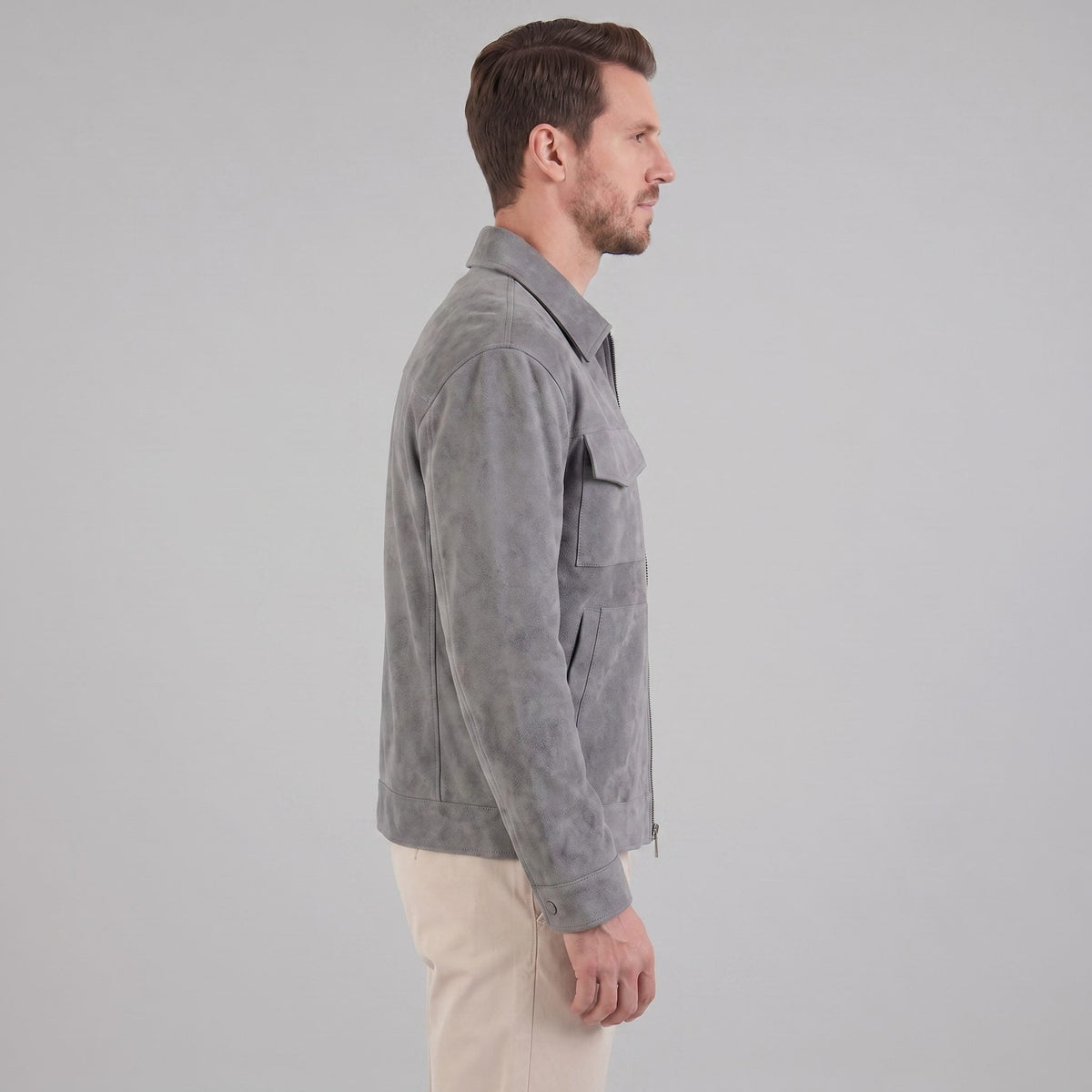 Men's Suede Overshirt with Zip Closure and Stand-Up Collar