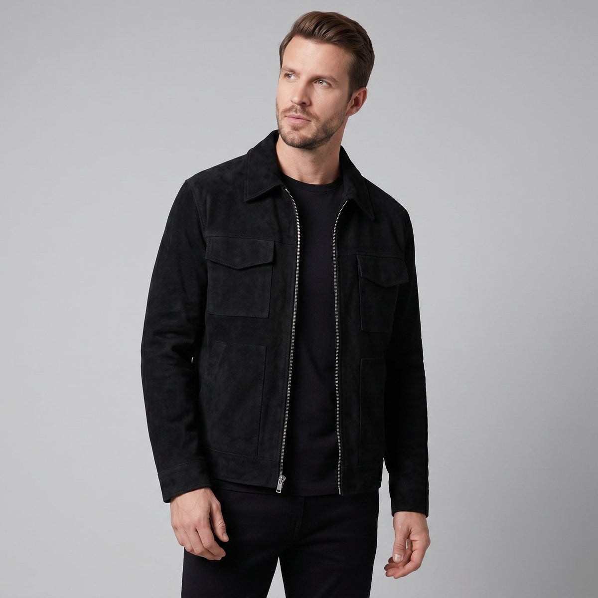 Men's Suede Overshirt with Zip Closure and Stand-Up Collar