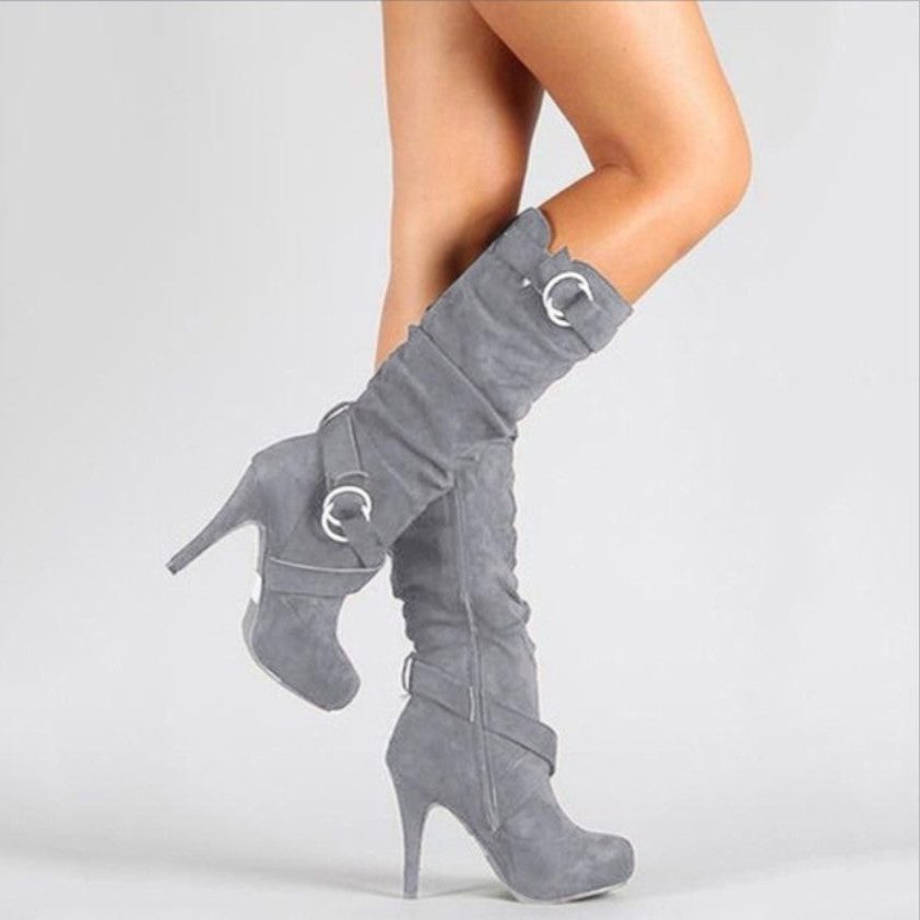 Women's Suede Stiletto Boots with Adjustable Buckles