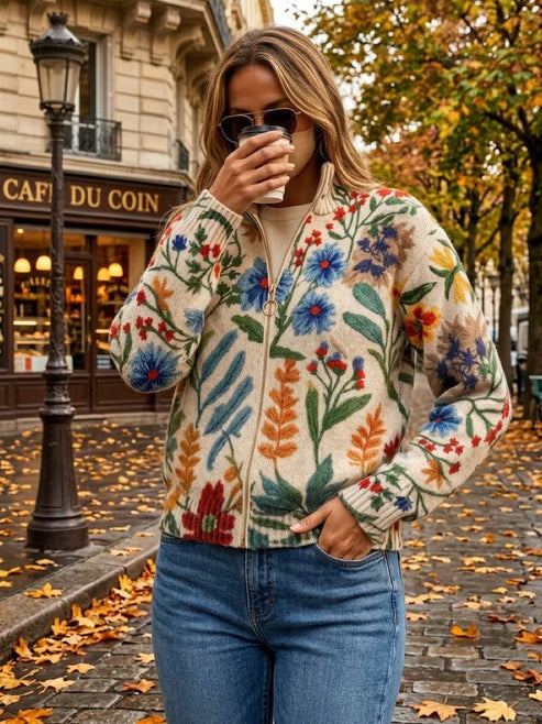 Floral Print Zip-Up Cardigan for Women