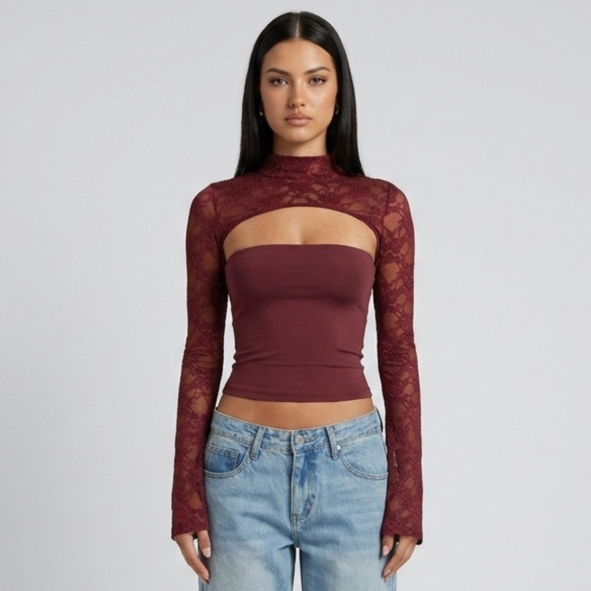 Top Ladies Lace Cutout Mock Neck Flared Sleeves