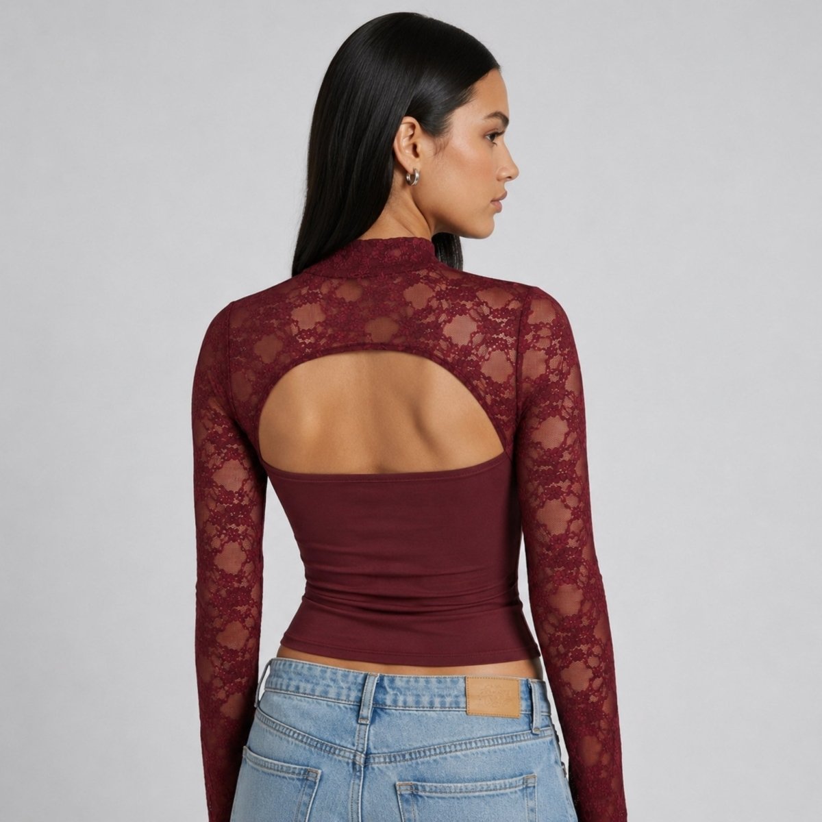 Top Ladies Lace Cutout Mock Neck Flared Sleeves