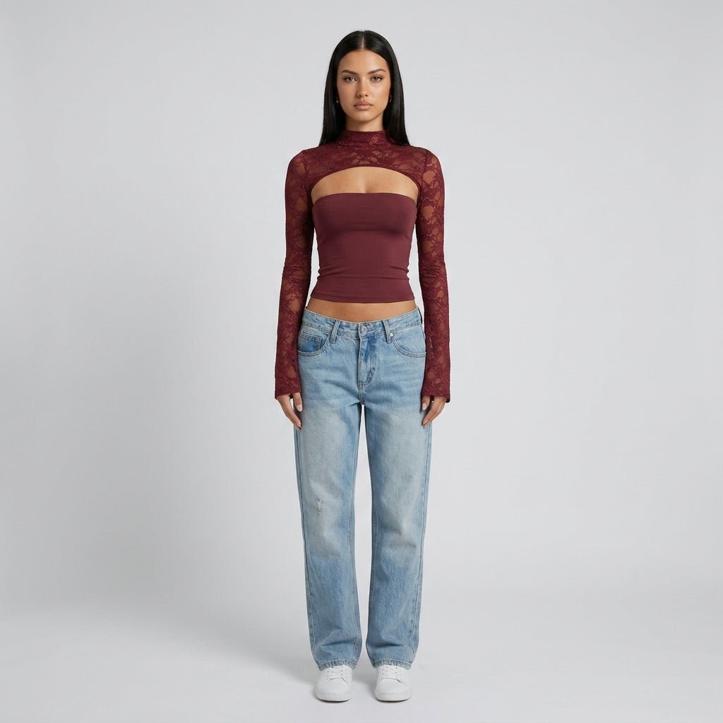Top Ladies Lace Cutout Mock Neck Flared Sleeves
