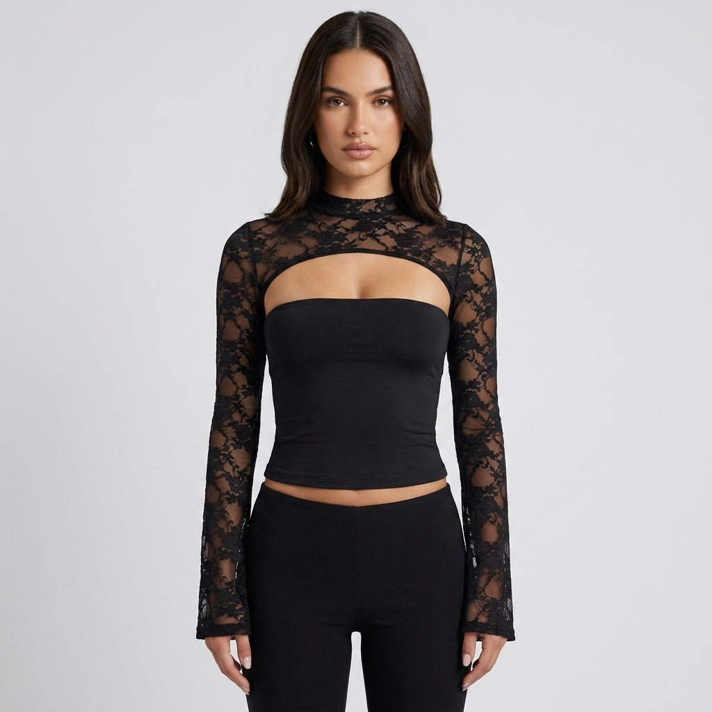 Top Ladies Lace Cutout Mock Neck Flared Sleeves