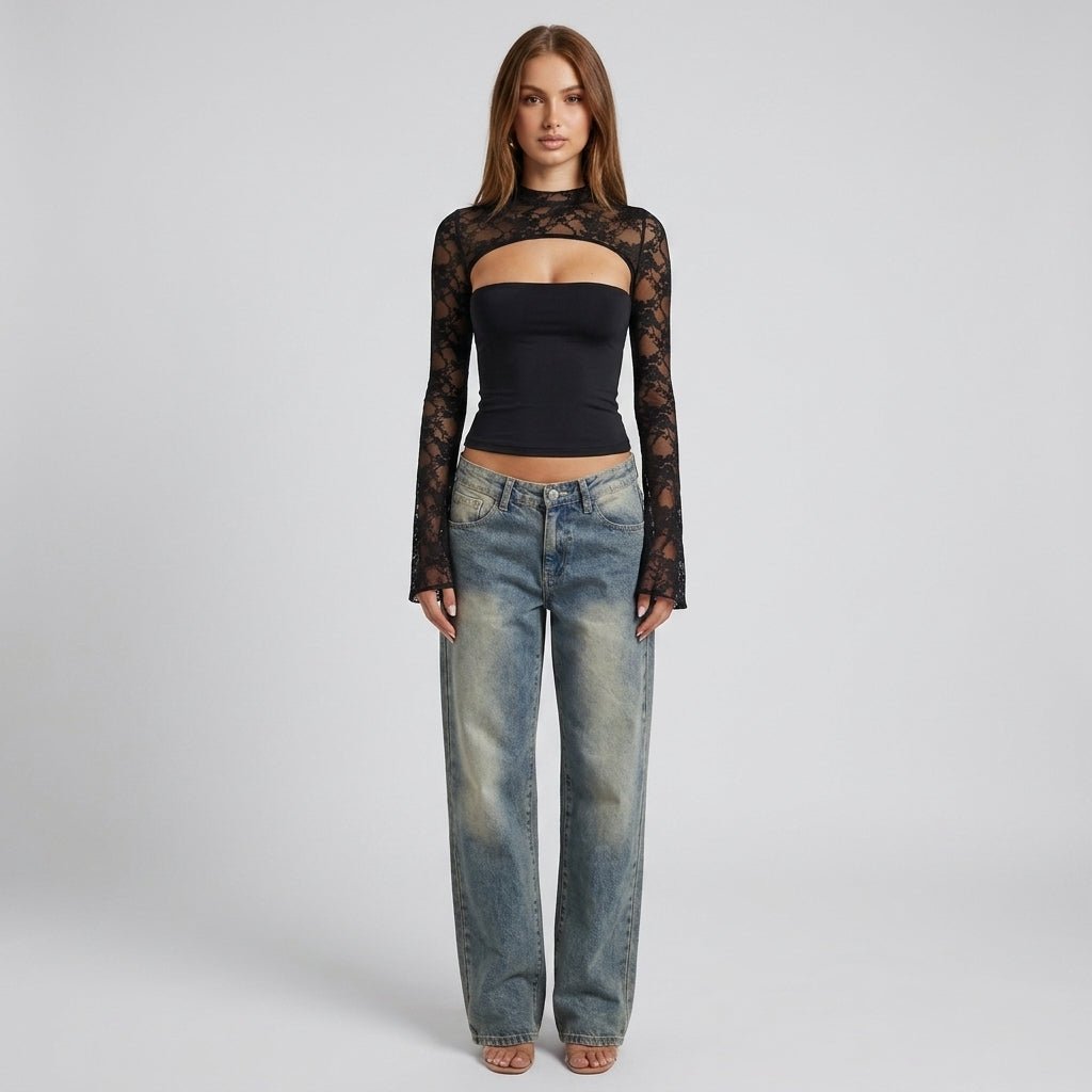 Top Ladies Lace Cutout Mock Neck Flared Sleeves