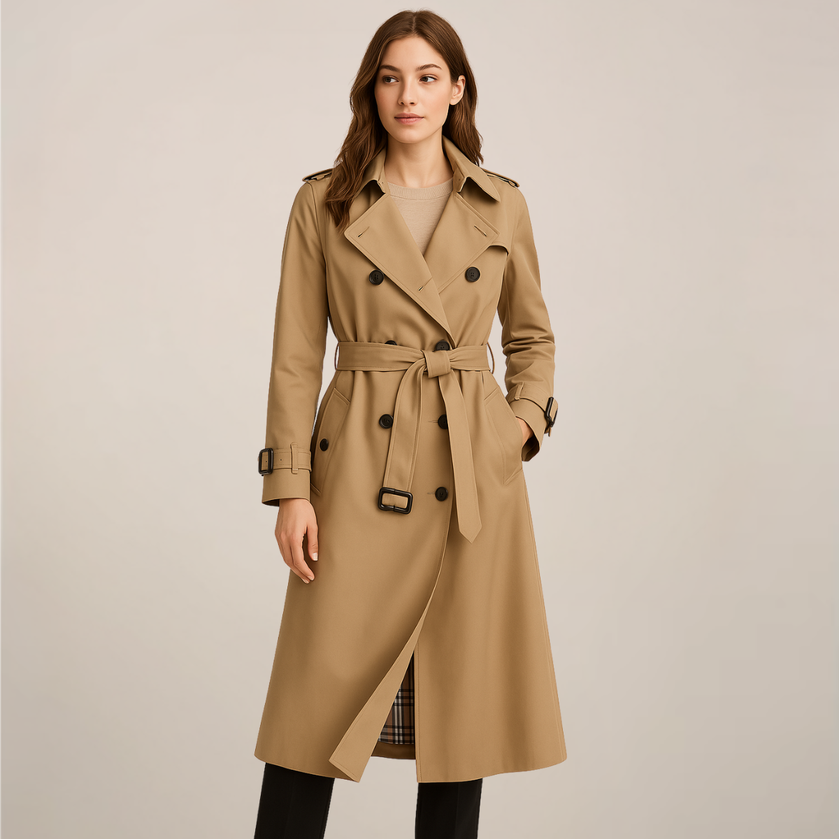 Ladies' Double-Breasted Belted Classic Trench Coat