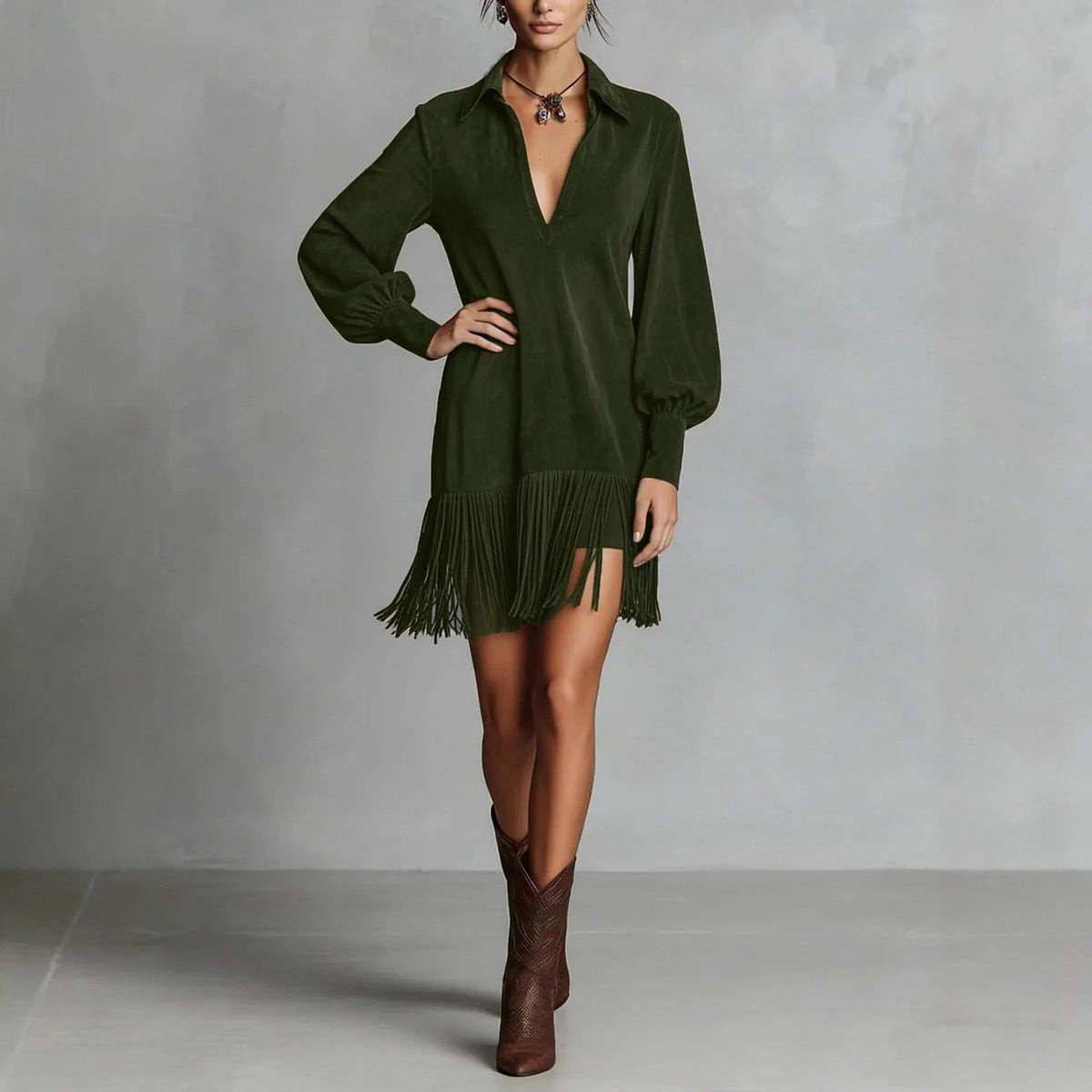 Women's Fringed Mini Dress in Faux Suede