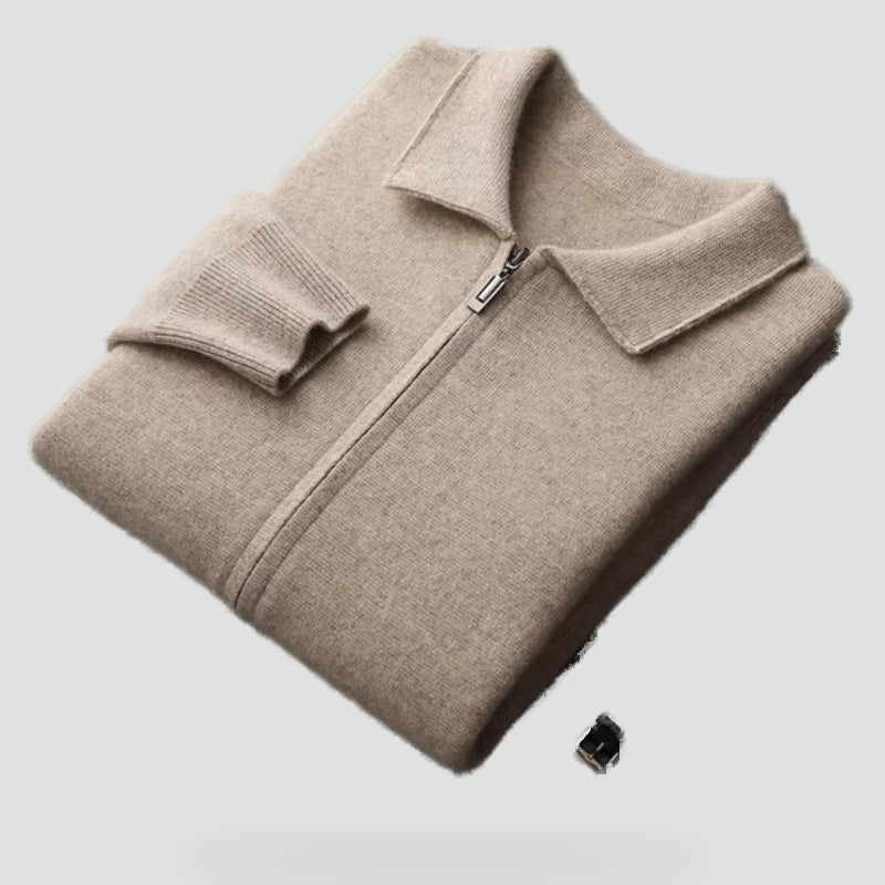 Refined Knitted Zip-Up Cardigan with Polo Collar for Men