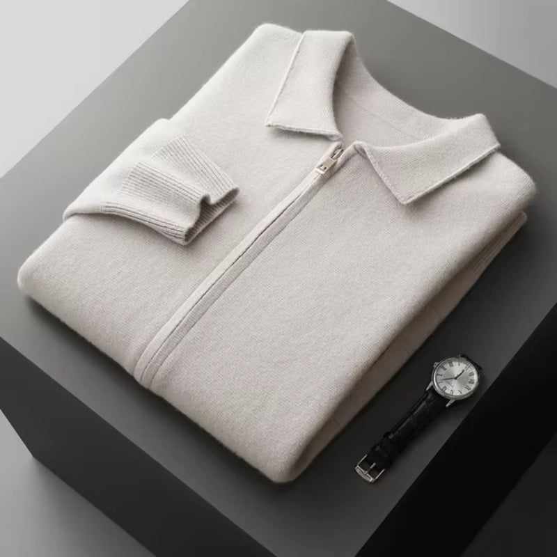 Refined Knitted Zip-Up Cardigan with Polo Collar for Men