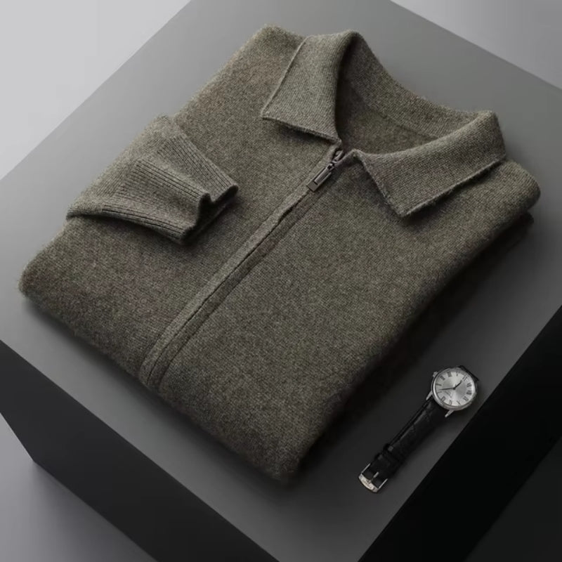 Refined Knitted Zip-Up Cardigan with Polo Collar for Men