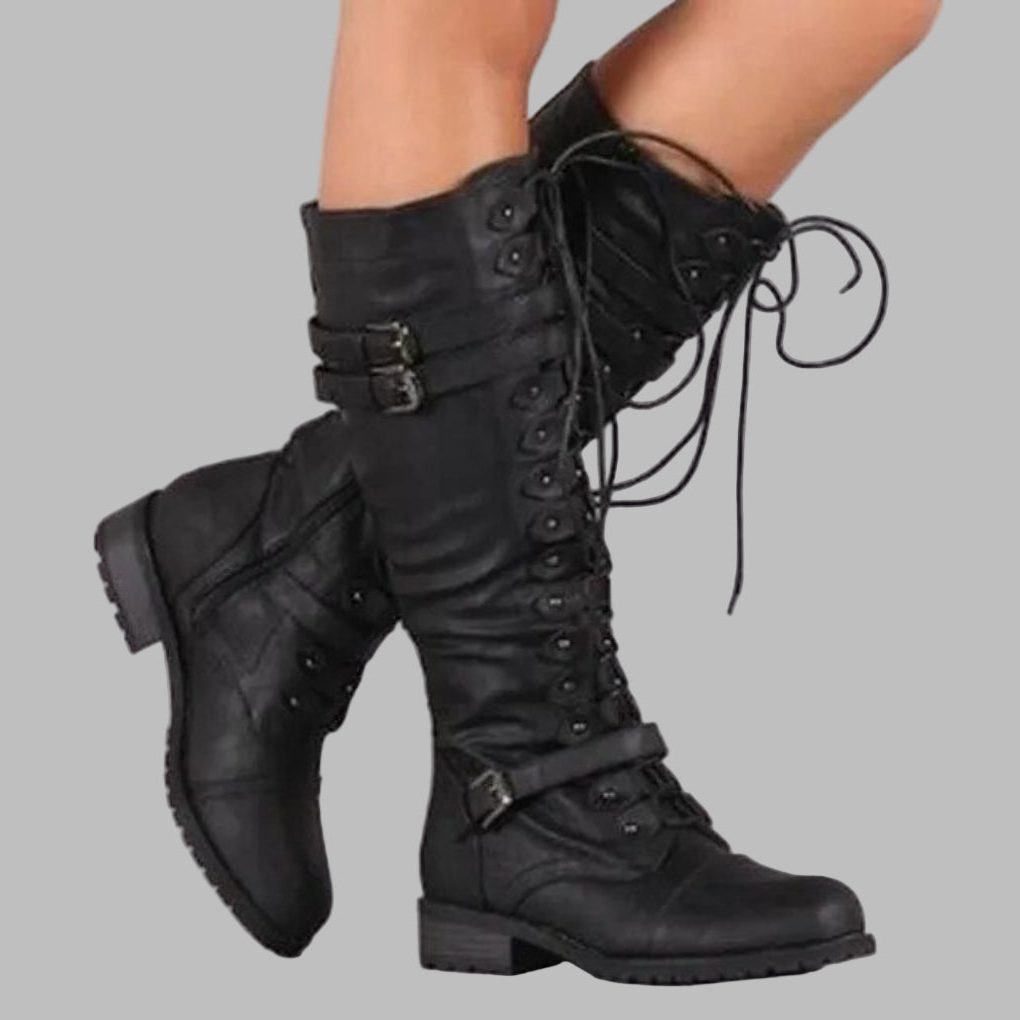 Women's Mid-Calf Leather Boots with Laces, Buckles, and Block Heels