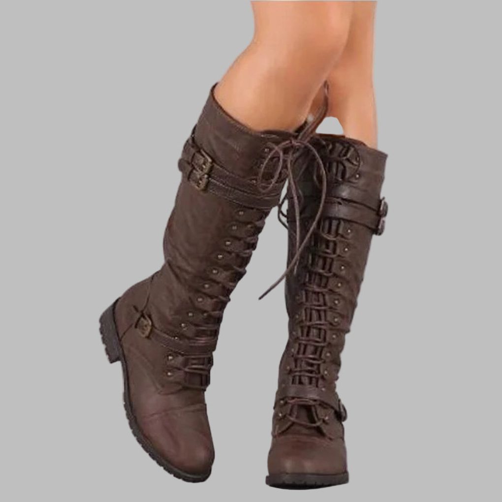 Women's Mid-Calf Leather Boots with Laces, Buckles, and Block Heels