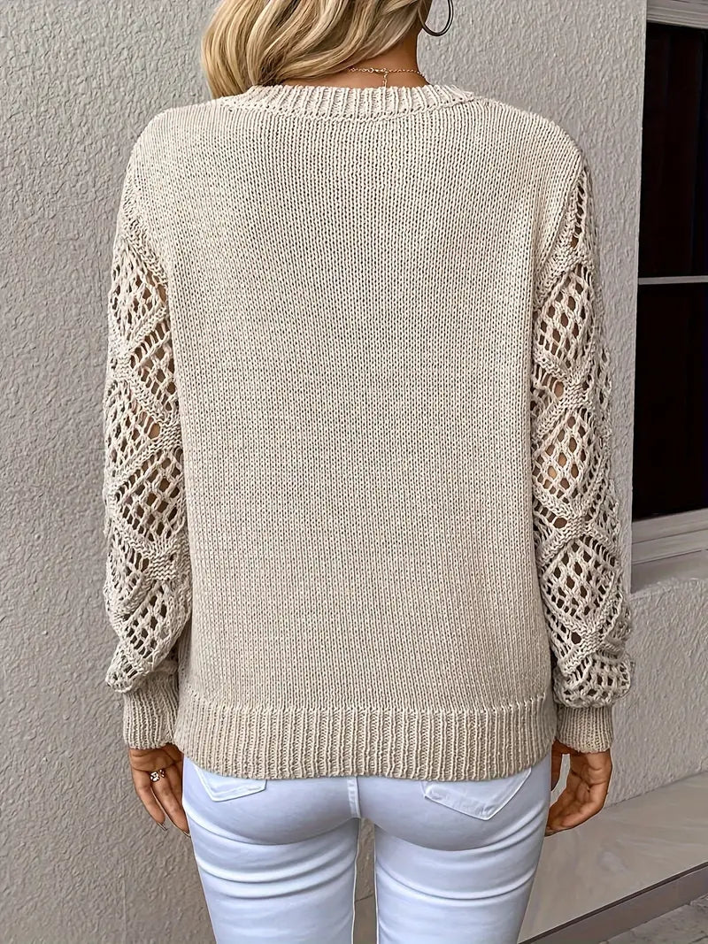 Women's Knitted Sweater with Lace Sleeves and V-Neck