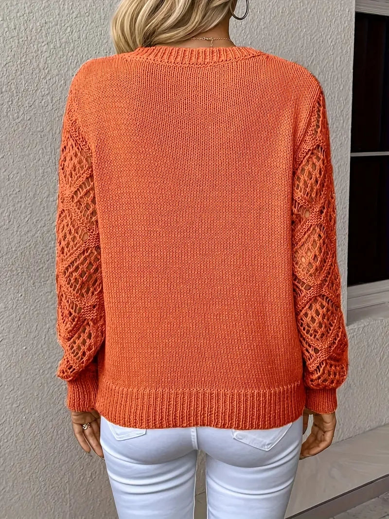 Women's Knitted Sweater with Lace Sleeves and V-Neck