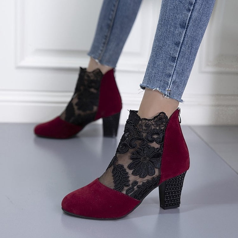 Helena | Floral Lace Ankle Boots with Block Heel