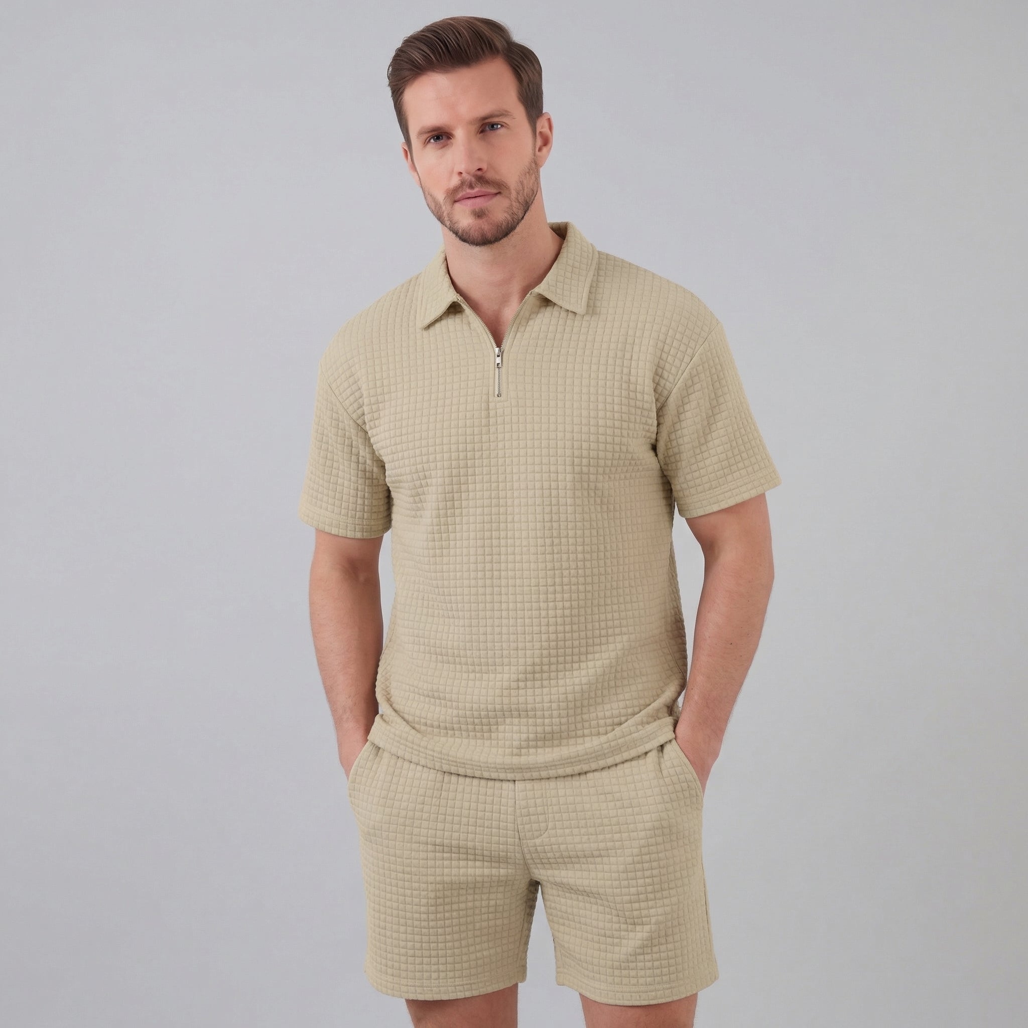 Waffle Knit Set Men's Summer Casual Half Zip Polo