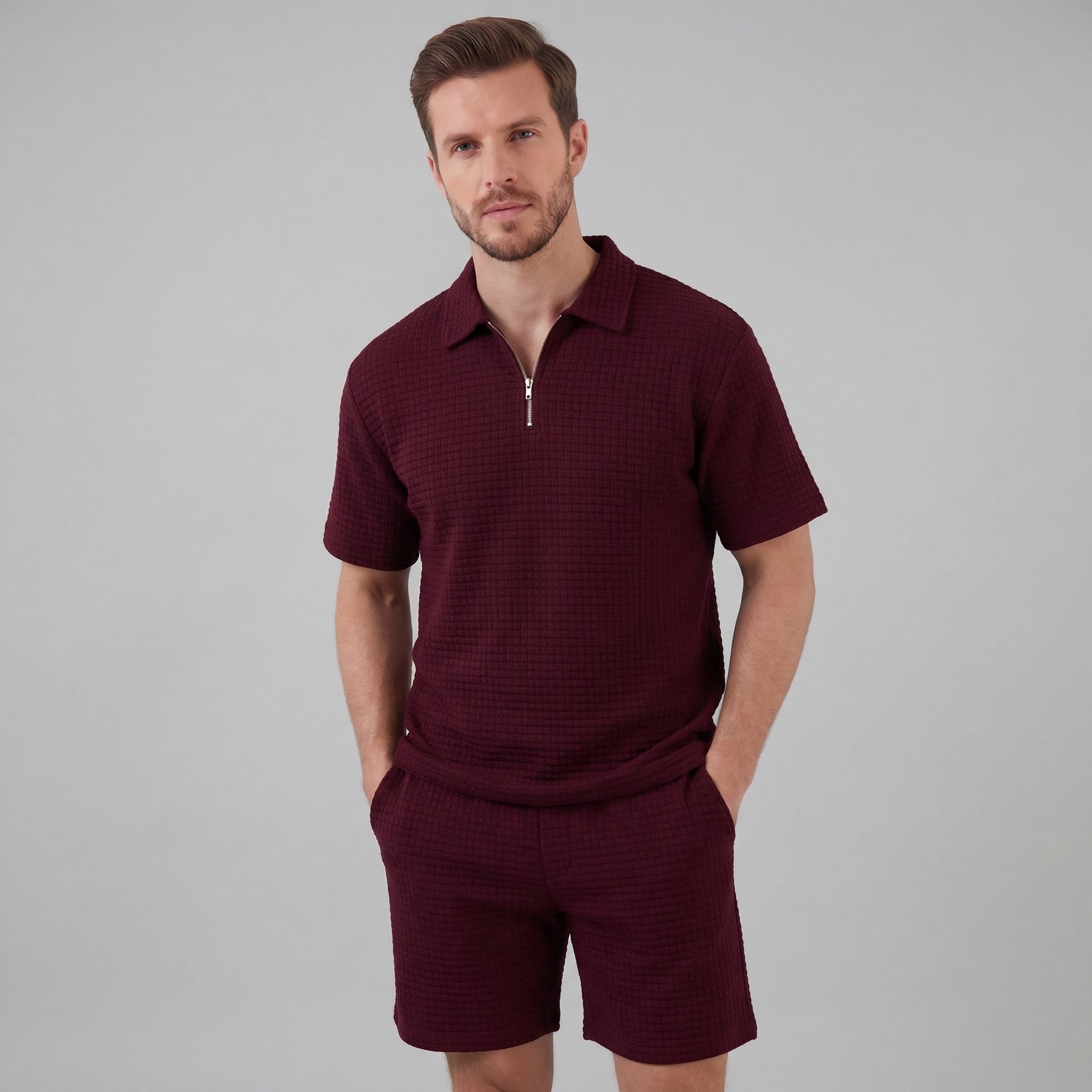 Waffle Knit Set Men's Summer Casual Half Zip Polo
