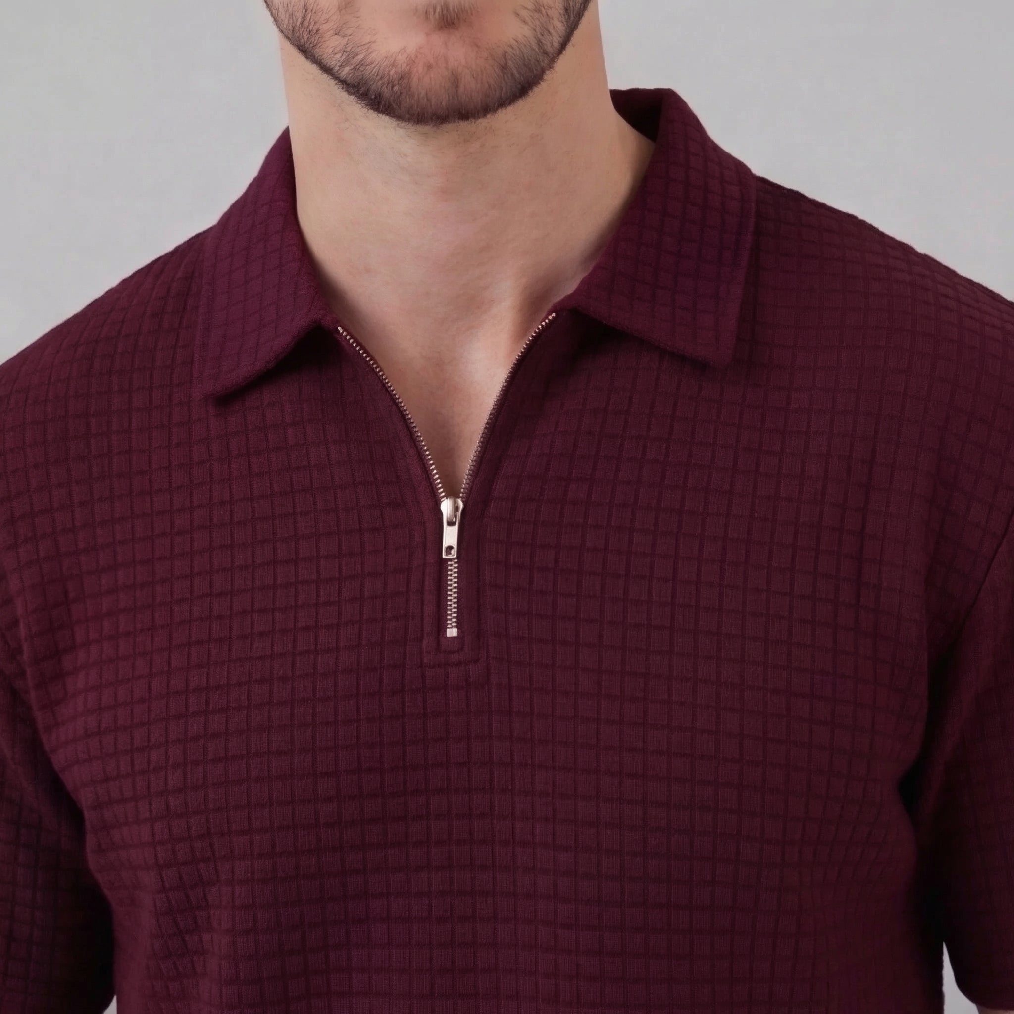 Waffle Knit Set Men's Summer Casual Half Zip Polo