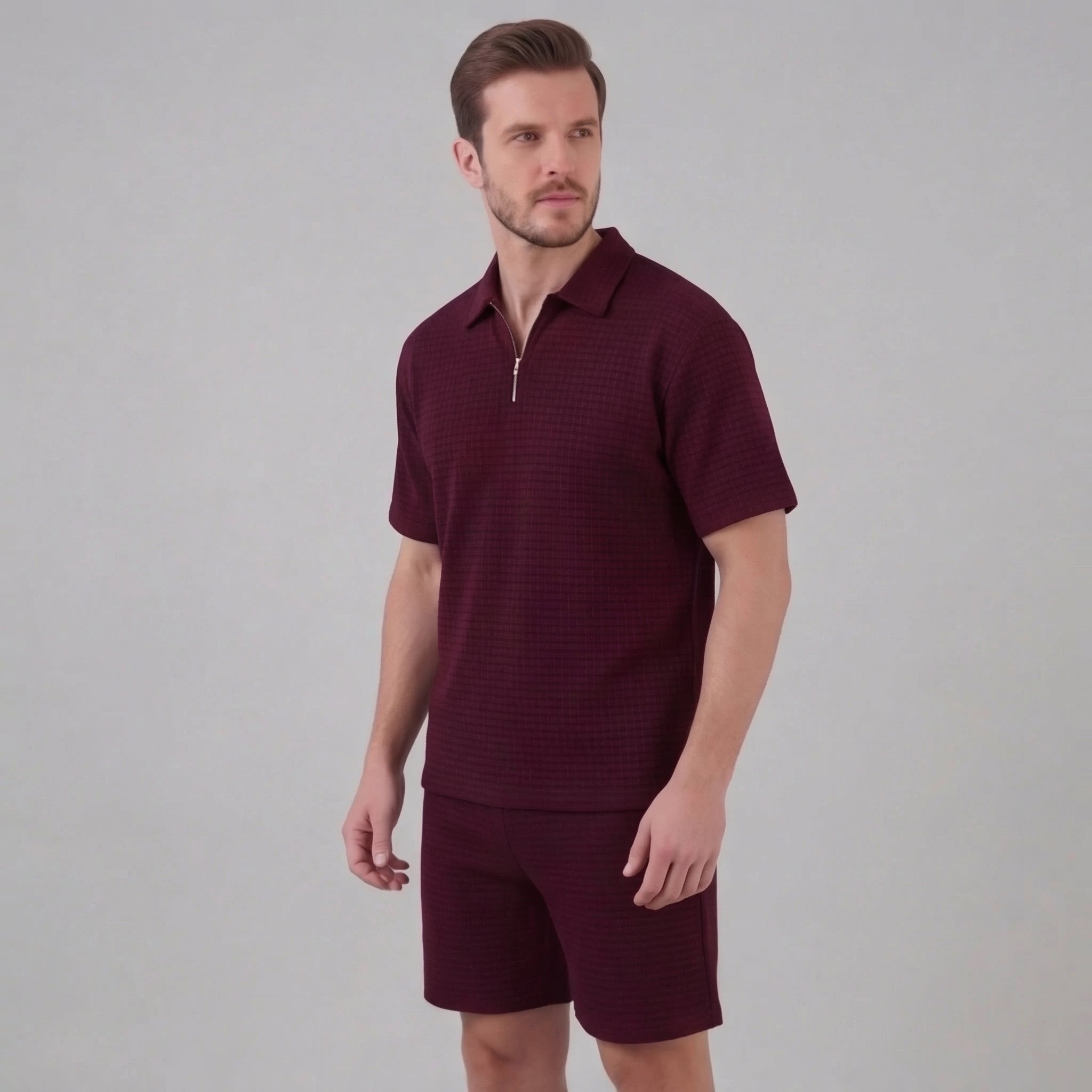 Waffle Knit Set Men's Summer Casual Half Zip Polo