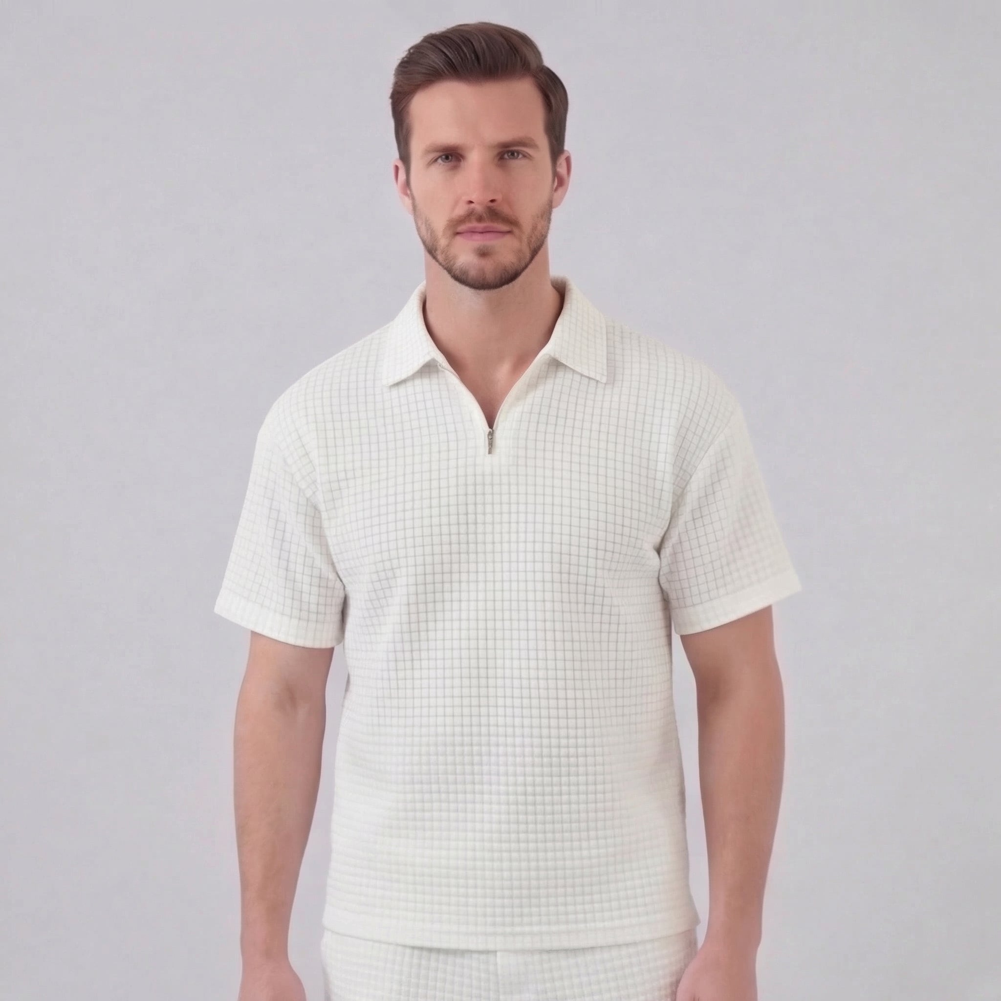 Waffle Knit Set Men's Summer Casual Half Zip Polo