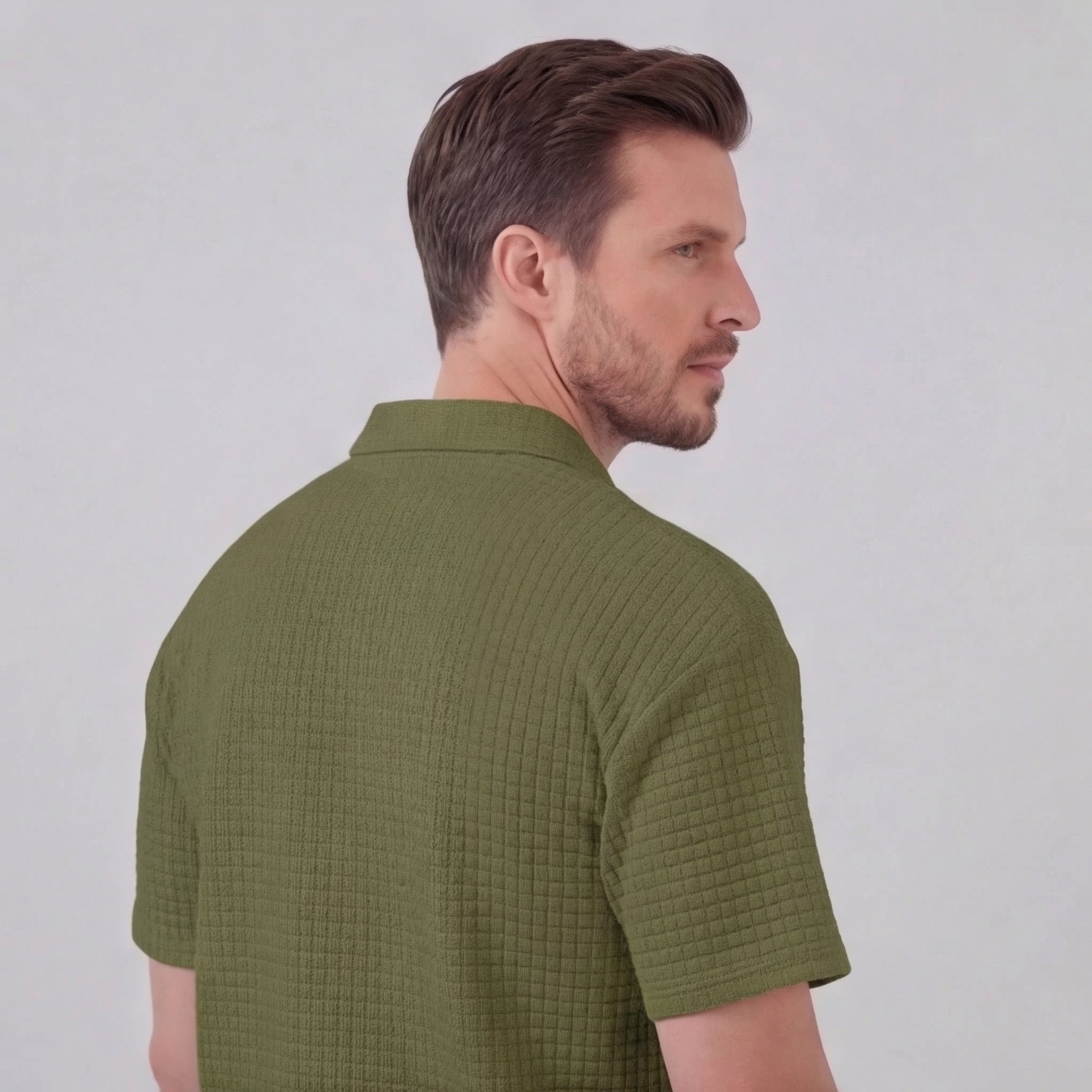 Waffle Knit Set Men's Summer Casual Half Zip Polo
