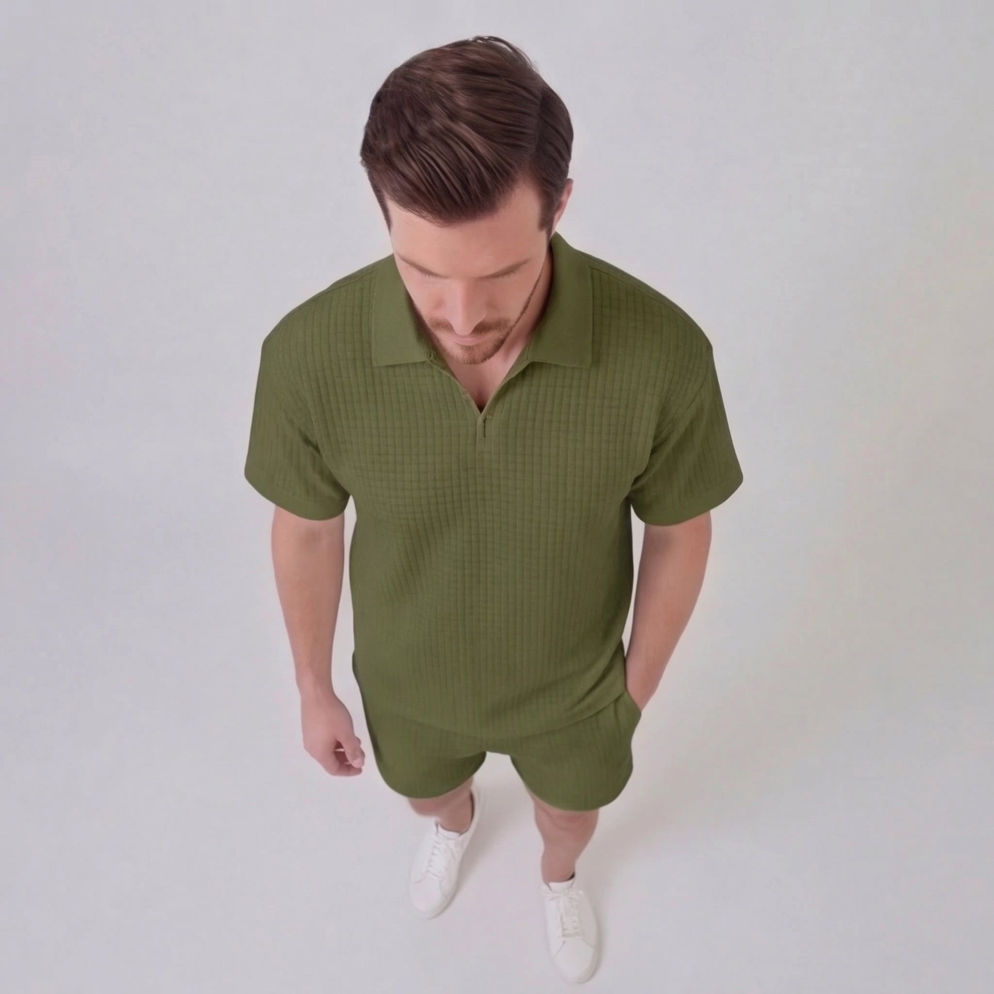 Waffle Knit Set Men's Summer Casual Half Zip Polo