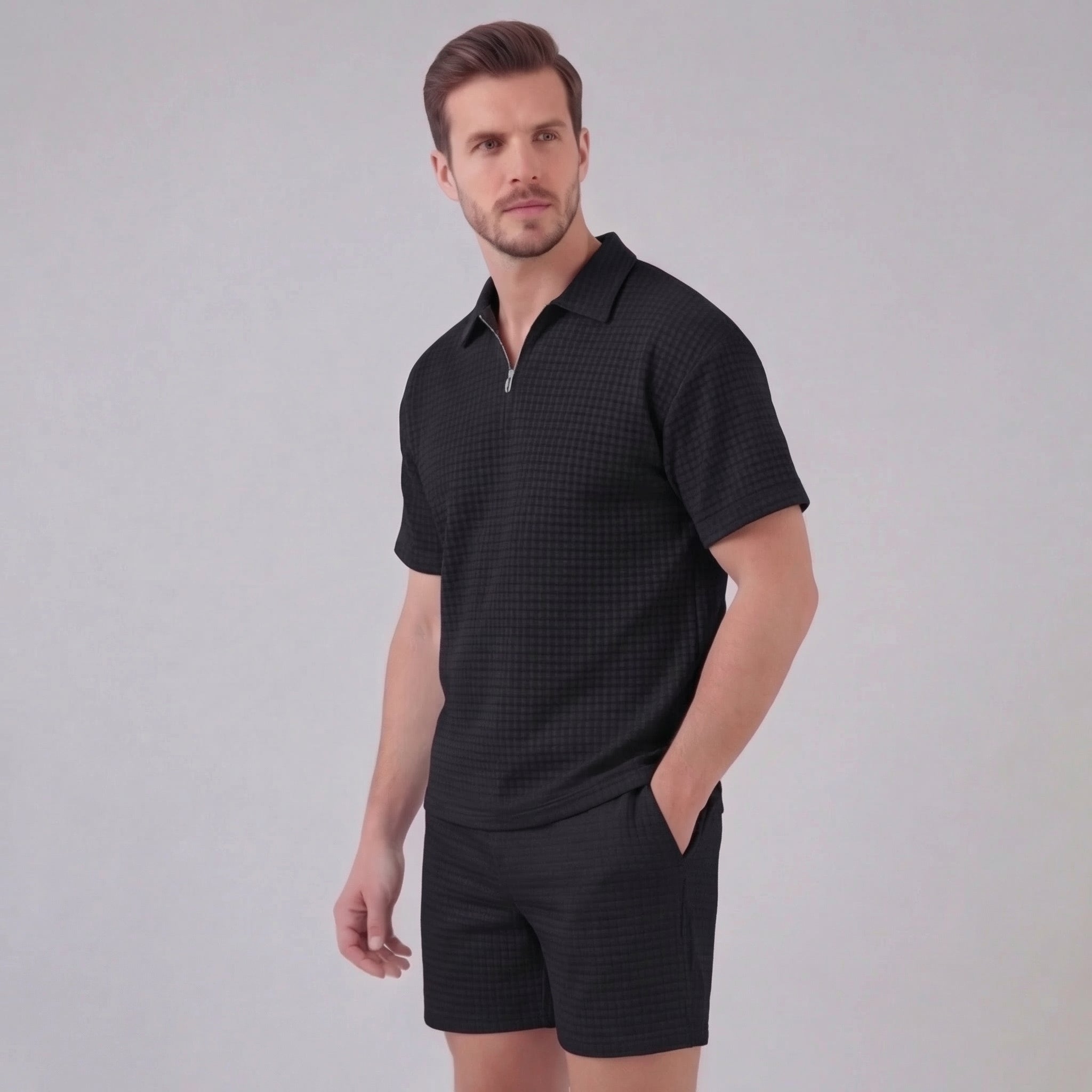 Waffle Knit Set Men's Summer Casual Half Zip Polo