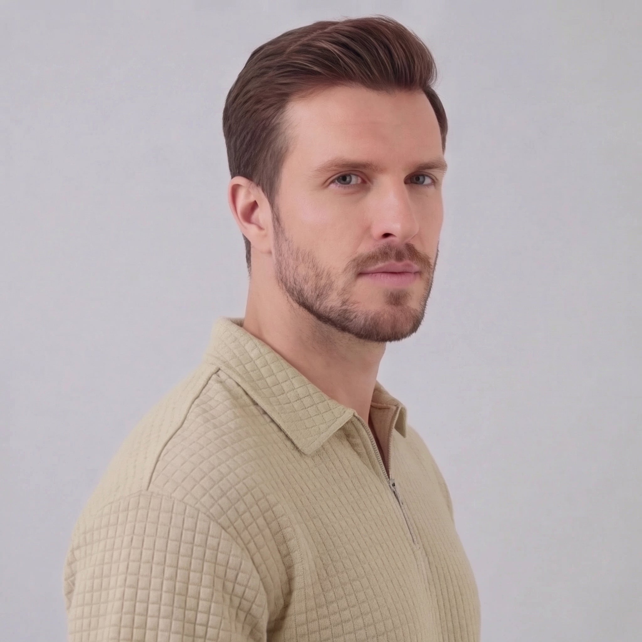 Waffle Knit Set Men's Summer Casual Half Zip Polo